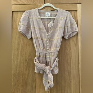 Neutral Puff Sleeve Buttoned Tie-waist Blouse